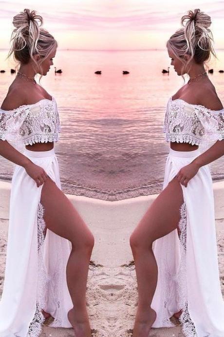 Sexy Prom Gown,Off Shoulder Prom Dress,White Prom Dresses,Long Party Dress,Two Piece Prom Dresses,Slit Evening Dress DS59