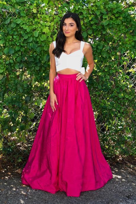 Two Piece Prom Dresses,Hot Pink Prom Dress,Long Prom Dresses,A Line Evening Dress,White Top Prom Gowns DS75