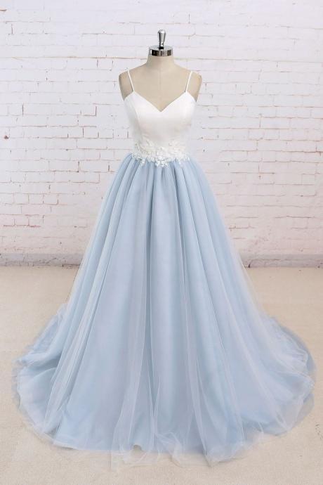 Long Prom Dresses,Tulle Prom Dress,A Line Prom Dresses,Light Blue Prom Dresses,Spaghetti Straps Evening Dresses DS87