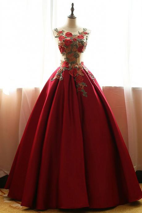Red Quinceanera Dresses,Satin Prom Dresses With Flowers,Ball Gown Prom Dresses,Rose Applique Prom Gown,A-line Evening Dress,long prom dresses DS89
