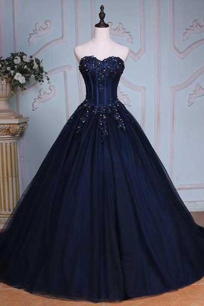 Long Prom Dress,Navy Blue Prom Dresses,Ball Gown Evening Dress,Sweetheart Prom Dresses,Appliques Prom Gown,Ball Gown Prom Dresses DS90