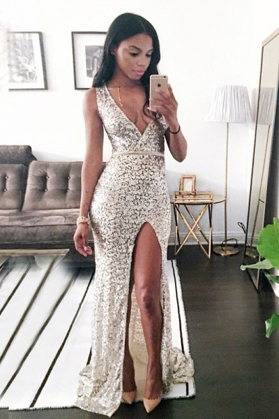 Sheath Prom Dresses,Deep V-Neck Prom Gown,Split Front Prom Dress,Ivory Prom Dresses,Lace Prom Dress DS121