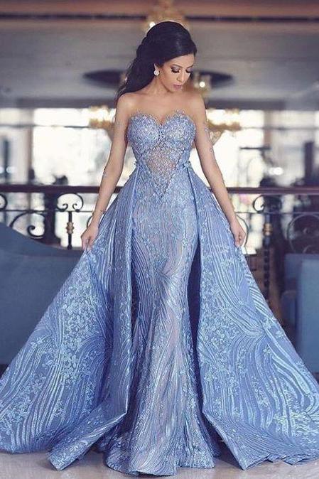 Elegant Prom Dresses,Sweetheart Prom Gown,Mermaid Prom Dresses,,Prom Dress With Detachable Train,Fashion Evening Dresses,Blue Party Dress DS133