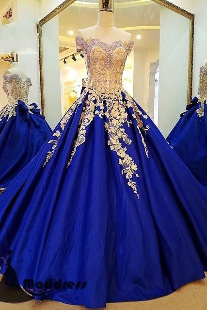Royal Blue Prom Gown,Applique Prom Dress,Off the Shoulder Prom Dresses,Long Prom Dress A-Line Evening Dress,Ball Gown Prom Dress,Quinceanera Dress DS135