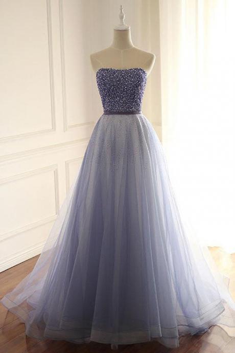 Stylish Prom Dress,a-line Prom Gown,strapless Prom Dresses,tulle Prom Dress,long Prom Dresses With Beading Ds243