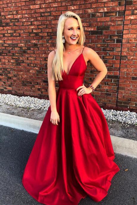 Sexy Prom Dress,A-Line Prom Gown,Spaghetti Straps Prom Dresses,Red Prom Dress,Satin Prom Dresses DS255