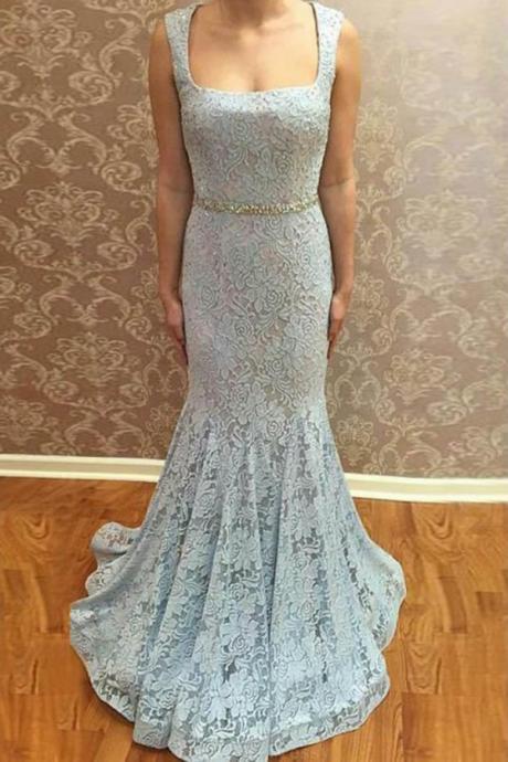 Mermaid Prom Dresses,square Neck Prom Dress,blue Prom Dresses,lace Prom Dress With Beading,long Prom Gown Ds285