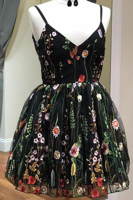 Unique Homecoming Dress,spaghetti Straps Homecoming Dresses,ball Gown Homecoming Dresses With Appliques,floral Cocktail Dresses,short Prom