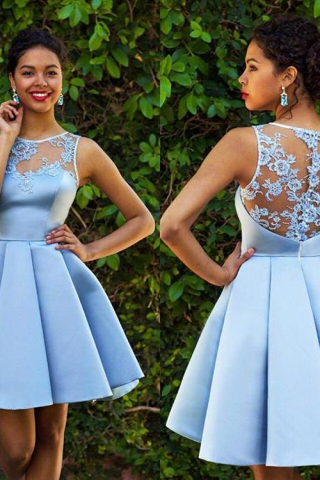 Sky Blue Homecoming Dresses,Lace Homecoming Dress,Sexy Homecoming Dresses,Short Prom Dress,Satin Cocktail Dresses DS305