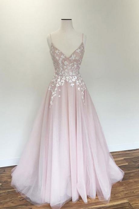 Light Pink Prom Gown,v Neck Prom Dress,tulle Prom Dresses,long Prom Dress,straps Evening Dress Ds315