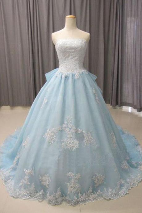 Blue Ball Gown,tulle Prom Dresses,strapless Prom Dress With Long Train, Formal Prom Dress, Ball Gown Evening Dress Ds316