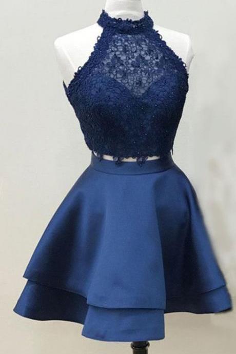navy blue homecoming dresses,two piece prom dress,satin homecoming dress,short homecoming dresses with lace top DS337