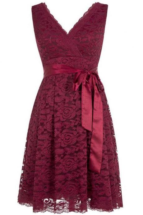 Cute Homecoming Dresses,short Prom Dress,knee Length Homecoming Dress,burgundy Homecoming Dresses,lace Bridesmaid Dress Ds409