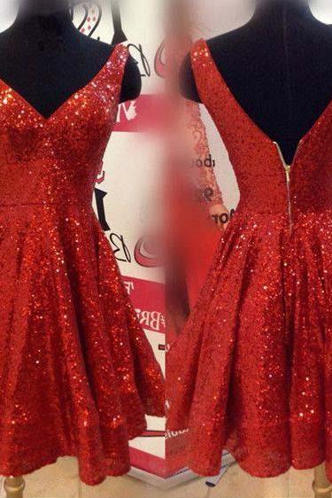 Short Homecoming Dresses,A-line Homecoming Dress,V-neck Homecoming Dresses,Sequins Homecoming Dresses,Red Homecoming Dress DS456