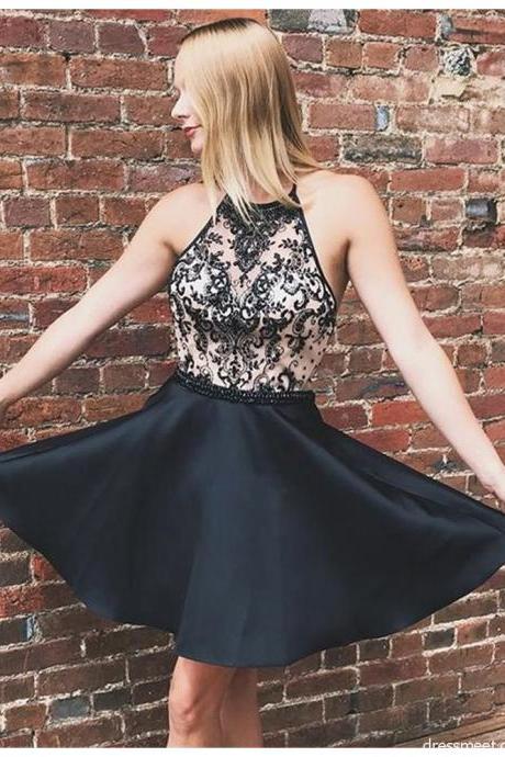 Chiffon Summer Style Black Halter Sequin Club Backless Dress