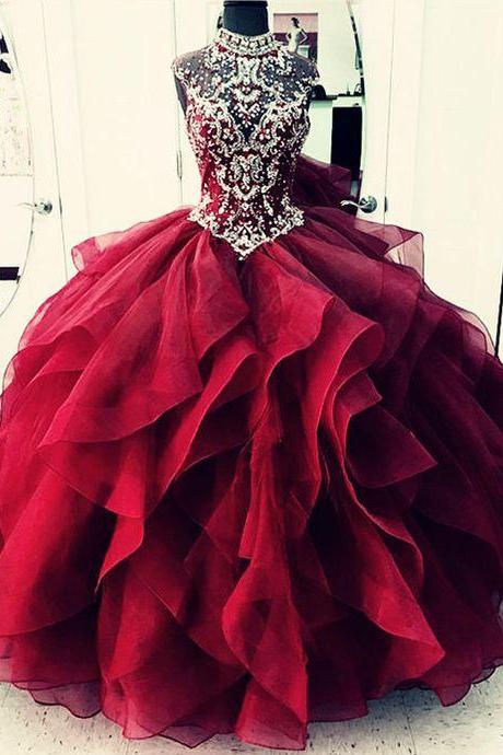 High Neck Prom Gown,Beaded Prom Dresses,Corset Quinceanera Dresses,Layered Quinceanera Dresses, Ball Gown Prom Dress DS467