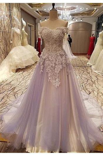 Tulle Prom Dresses,Beaded Appliques Prom Dresses,Long Evening Dress,Off the Shoulder Prom Dresses DS483