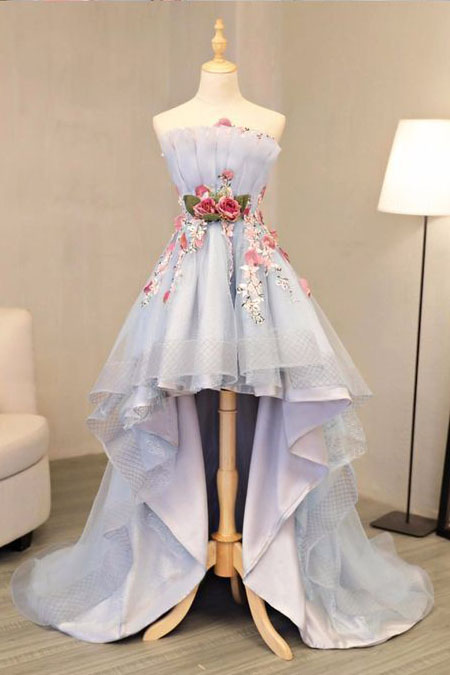 Sky blue prom dresses,tulle prom dress,high low prom dresses,flower appliques prom dresses DS498