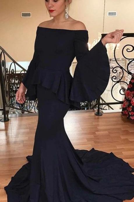 Mermaid Prom Dresses,Off-the-Shoulder Prom Dress,Flare Sleeves Prom Dresses,Navy Blue Prom Dress DS500