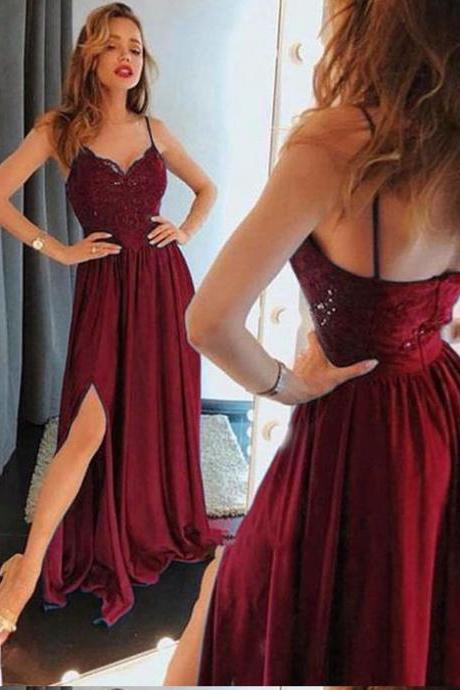 strap prom dress, fashion burgundy party dress, sexy evening dress with split, long prom dresses DS506