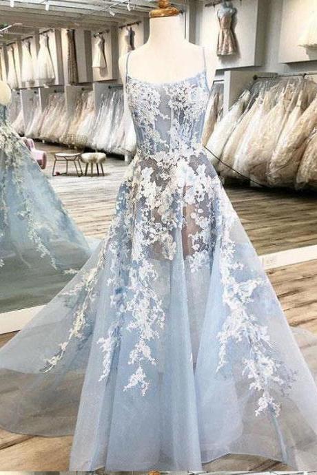 Spaghetti Straps Prom Dresses,a Line Prom Gown,unique Prom Dresses,light Blue Evening Dress Ds508