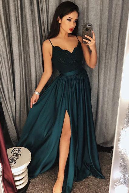 Dark Green Prom Dresses,Spaghetti Straps Prom Dress,Split Lace Prom Dresses,Long Prom Dress DS520