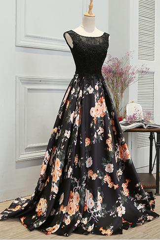 Stylish Prom Dress,A Line Prom Dresses,Long Prom Dress,Floral Printed Prom Dress,Formal Evening Dress DS523