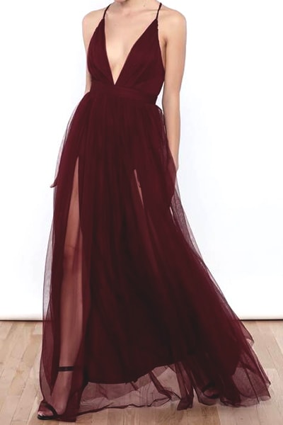 Spaghetti Straps Prom Dresses,Burgundy Prom Dress,Tulle Prom Dress,A Line Prom Dresses,Long Prom Gown DS540