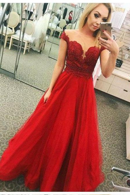 Red Prom Dresses,Applique Prom Gown,Tulle Prom Dress,Short Sleeve Prom Dresses,Beaded Formal Gowns DS566