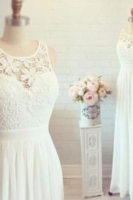 Simple A Line White Lace Chiffon Wedding Dress,Custom Made Beach Wedding Dresses, Outside Bridal Wedding Gown, Formal Women Prom Dress
