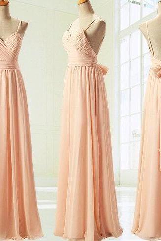 Peach Chiffon Plunge V Spaghetti Straps Floor Length A-Line Formal Dress Featuring Bow Accent Open Back, Prom Dress 