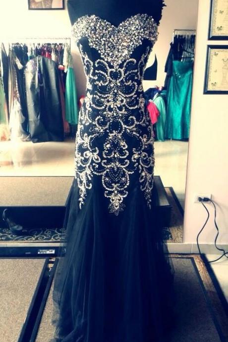 Hot Sales Black Tulle Silver Beaded Mermaid Prom Dresses,Sweetheart Prom Gowns 2016,Sexy Evening Dresses,Cheap Prom Dress Ball Gown,Graduation Dress
