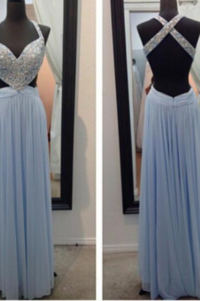 Sexy A Line Open Back Light Blue Prom Dresses,halter Beaded Backless Prom Dress,sweetheart Evening Dress Party Gowns