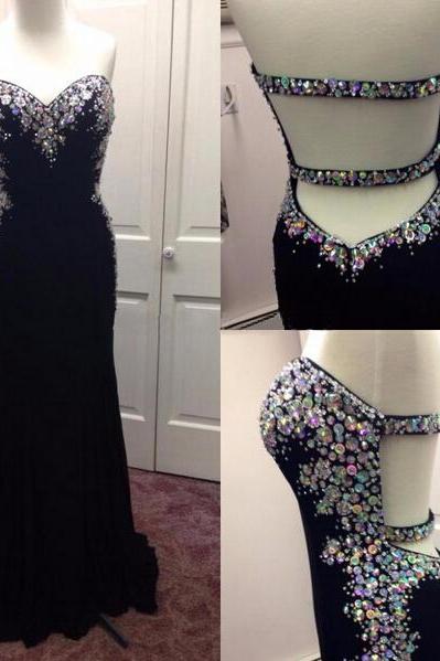 New Arrive Backless Mermaid Black Prom Dresses,Open Back Sweetheart Neck Crystals Beaded Prom Dress,Sexy Sheath Evening Dress Party Gowns