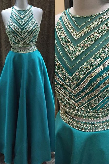 2 Pieces Bodice Green Prom Dresses,high Neck Mid Section Evening Dress,beaded Prom Gowns, Graduation Dresses 2016,wedding Party Dress