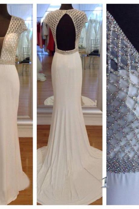 White Deep V neck Prom Dresses,Backless Mermaid Evening Dresses,Charming Beaded Sheath Long Prom Gown,Cap Sleeves Evening Gowns 2016