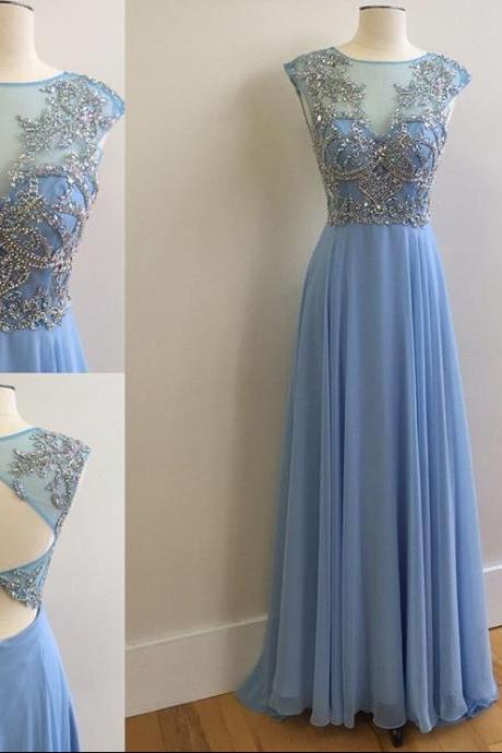 Light Blue High Neck Prom Dresses 2016,Heavy Beads Crystal Backless Prom Gowns,A Line Evening Dress,Formal Women Dress