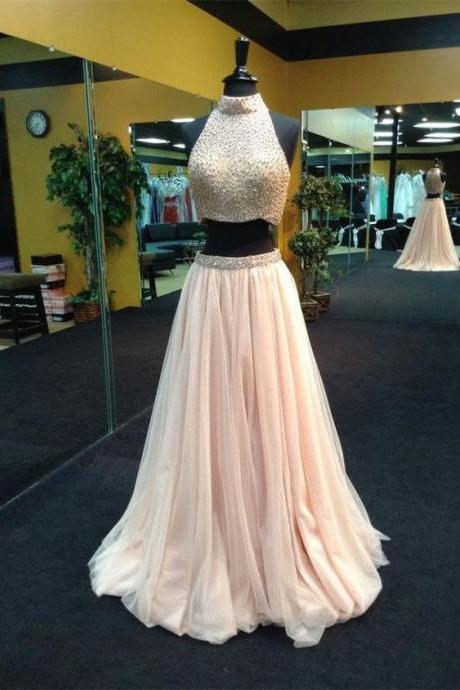 Pearls Pink Two Pieces Prom Dresses,high Neck Beaded Long Prom Dresses,2 Pieces Evening Dress,wedding Party Gown For Sweet 16 Dresses,graduation