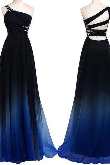 One Shoulder Navy Blue Royal Blue Ombre Prom Dresses,gradient Color Chiffon Long Prom Dress,ombre Evening Dress,wedding Party Gown For Sweet 16
