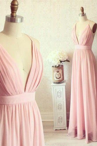 Design Elegant Deep V Neck Prom Dresses,spaghetti Straps Long Prom Dress,pale Pink Prom Dresses, Prom Gowns,bridesmaid Dress