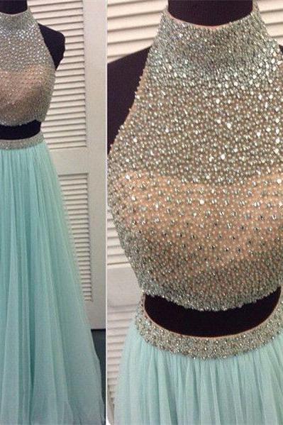 High Neck Bodice Two Pieces Beaded Long Prom Dresses,2 Pieces Light Blue Prom Dress,wedding Party Gown For Sweet 16 Dresses,graduation Dresses