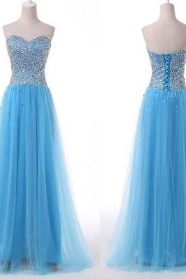 Sweetheart Neck Blue Tulle Prom Dresses,long Prom Dresses,bodice Beaded Prom Dresses,evening Dress Prom Gowns,custom Made Formal Women
