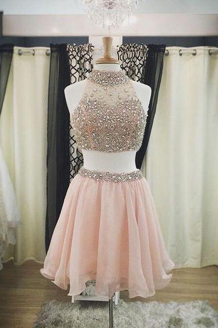 Two Pieces Short Homecoming Dresses,High Neck Skin Pink Homecoming Dresses,Beaded Crystals Short Prom Dresses ,2 Pieces Prom Gowns,Cocktail Dresses,Sexy Party Dress