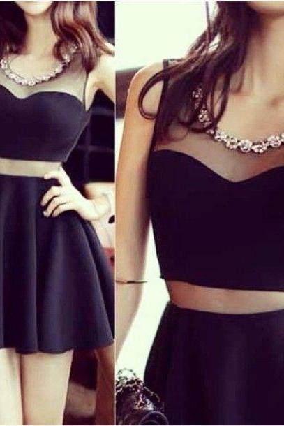 Two Pieces Homecoming Dresses,Black Short Homecoming Dresses,Sexy See Through Crystals Short Prom Dresses ,Mini Length 2 Pieces Prom Dresses,Cocktail Dresses,Short Prom Gown,Graduation Dresses