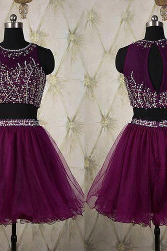 Grape Purple Two Pieces Homecoming Dresses,high Neck Mid Section Short Homecoming Dresses,rhinestones Crystals Bodice Short Prom Dresses ,mini