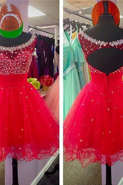Red Tulle Homecoming Dresses ,boat Neck Open Back Short Prom Dresses Homecoming Dress,rhinestones Bodice Short Prom Gowns Cocktail