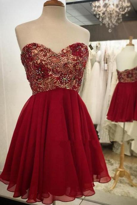 Empire Waist Red Lace Short Prom Dress Homecoming Dresses ,burgundy Beaded Sweetheart Homecoming Dress,wedding Party Dress,short Prom Gowns, Prom