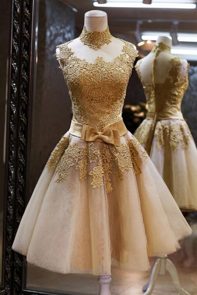2016 Homecoming Dresses ,short Homecoming Dresses,gold Lace Champagne Tulle Short Prom Dresses,bow Belt Wedding Party Dress,high Neck Short Prom