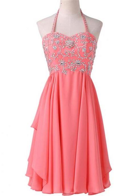 Empire Waist Coral Chiffon Homecoming Dresses ,halter Short Homecoming Dress,high Low Beaded Short Prom Dresses,lace Up Back Party Dress,