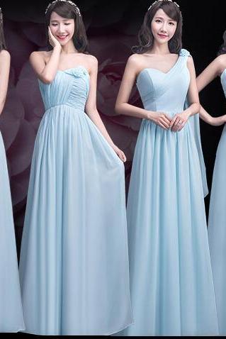 Elegant Sky Blue Chiffon Bridesmaid Dresses,custom Made Ruffles Long Bridesmaid Dress Mismatch Maid Of Honor Dress Girls Group Dresses,one